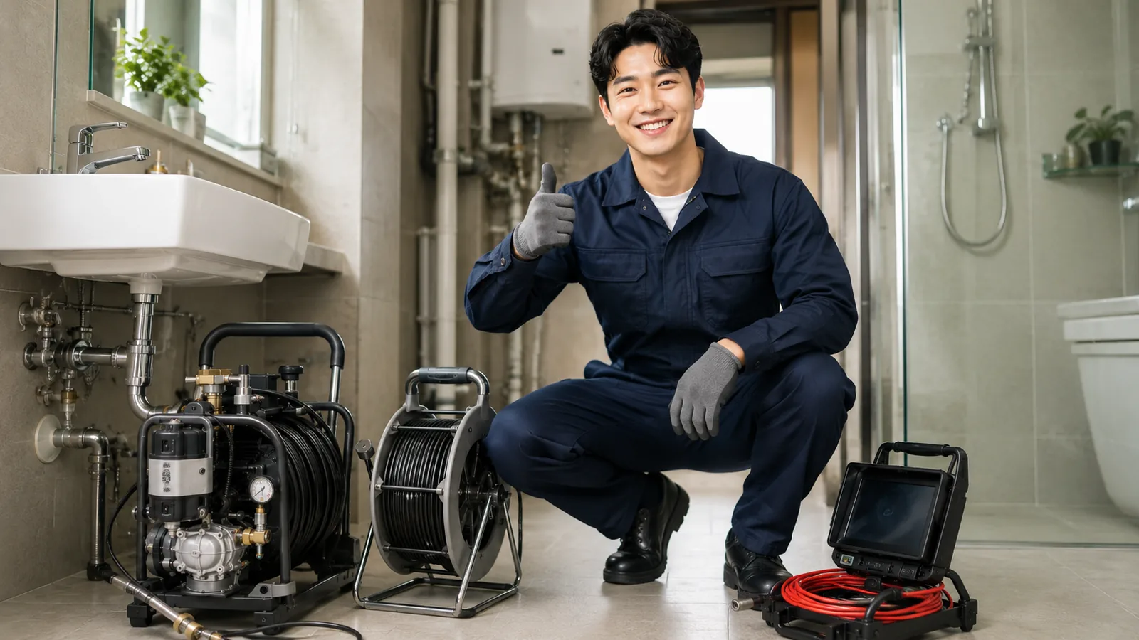 경기 북부 싱크대막힘 작업복 기술자와 고압세척기·배관내시경 전문 장비